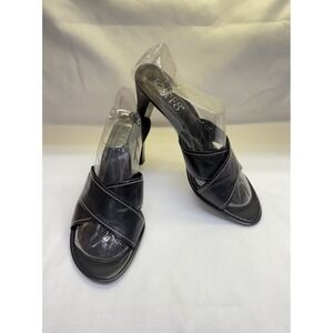 Franco Sarto Sandals Heel Open Toe Slide Sz 9.5M Black Leather & White Stitch